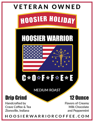 HOOSIER HOLIDAY a Premium Medium Roast Coffee, locally roasted coffee near you. If you are looking for coffee gifts or a coffee to drink through the holidays, Hoosier Holiday is the best coffee roast is sure to please. Hoosier Holiday is an arabica flavored with creamy milk chocolate and peppermint. You'll love it! This is a limited release coffee available only over the holidays. Hoosier Warrior Coffee is a veteran owned coffee company.