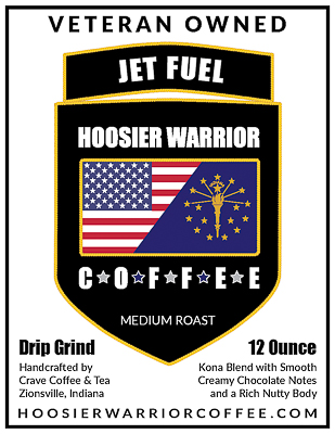 JET FUEL a Premium Medium Roast Coffee, locally roasted coffee near you. We perfectly blend Kona Coffee beans with arabica coffee beans to develop a smooth, kona blend that is a true crowed pleaser that is one of our top three best selling roasts. This Kona Coffee Blend has smooth creamy chocolate notes and a rich nutty body. Hoosier Warrior Coffee is a veteran owned coffee company.