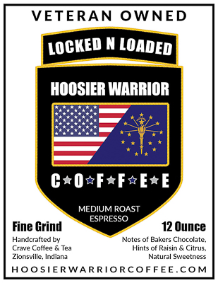 LOCKED N LOADED a Premium Medium Roast Coffee, locally roasted coffee near you. We use a blend of arabica coffee beans. This medium roast coffee is an expresso roast. It has notes of bakers chocolate, hints of raisin and citrus, balanced with a natural sweetness. Hoosier Warrior Coffee is a veteran owned coffee company.