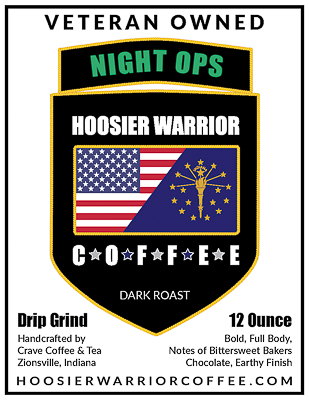 NIGHT OPS a Premium Dark Roast Coffee, locally roasted coffee near you. We use a blend of arabica coffee beans. This dark roast is has a bold, full body with notes of bittersweet bakers chocolate and an earthy finish. Hoosier Warrior Coffee is a veteran owned coffee company.