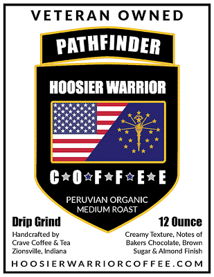 PATHFINDER a locally roasted Peruvian Organic Medium Roast Coffee near you. Created from South American coffee beans, these Peruvian Coffee Beans are grown and processed organically then roasted locally to bring out their creamy texture with notes of Bakers Chocolate, Brown Sugar and and almond finish. This does NOT contain nuts. Hoosier Warrior Coffee is a veteran owned coffee company.