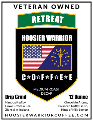 RETREAT a locally roasted Decaf Medium Roast Coffee near you. The arabica beans are processed in a way to extract the Caffeine prior to roasting while maintaining a chocolate aroma, with a balanced nutty finish with hints of mild lemon. Hoosier Warrior Coffee is a veteran owned coffee company