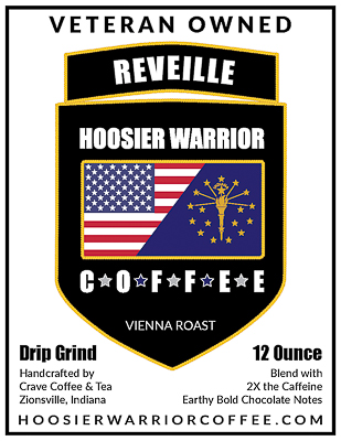 REVEILLE a Vienna Roast is a SLIGHTLY Dark Roast Coffee. The arabica beans are processed and roasted in a way which allows the coffee to have 2 times the Caffeine and retain its earthy bold chocolate notes. Hoosier Warrior Coffee is a veteran owned coffee company