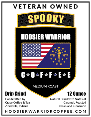 SPOOKY is a Medium Roast Coffee. It is our Number 1 best selling roast. We roast natural Brazil arabica beans with notes of Caramel, Roasted Pecan and Cinnamon. Hoosier Warrior Coffee is a veteran owned coffee company